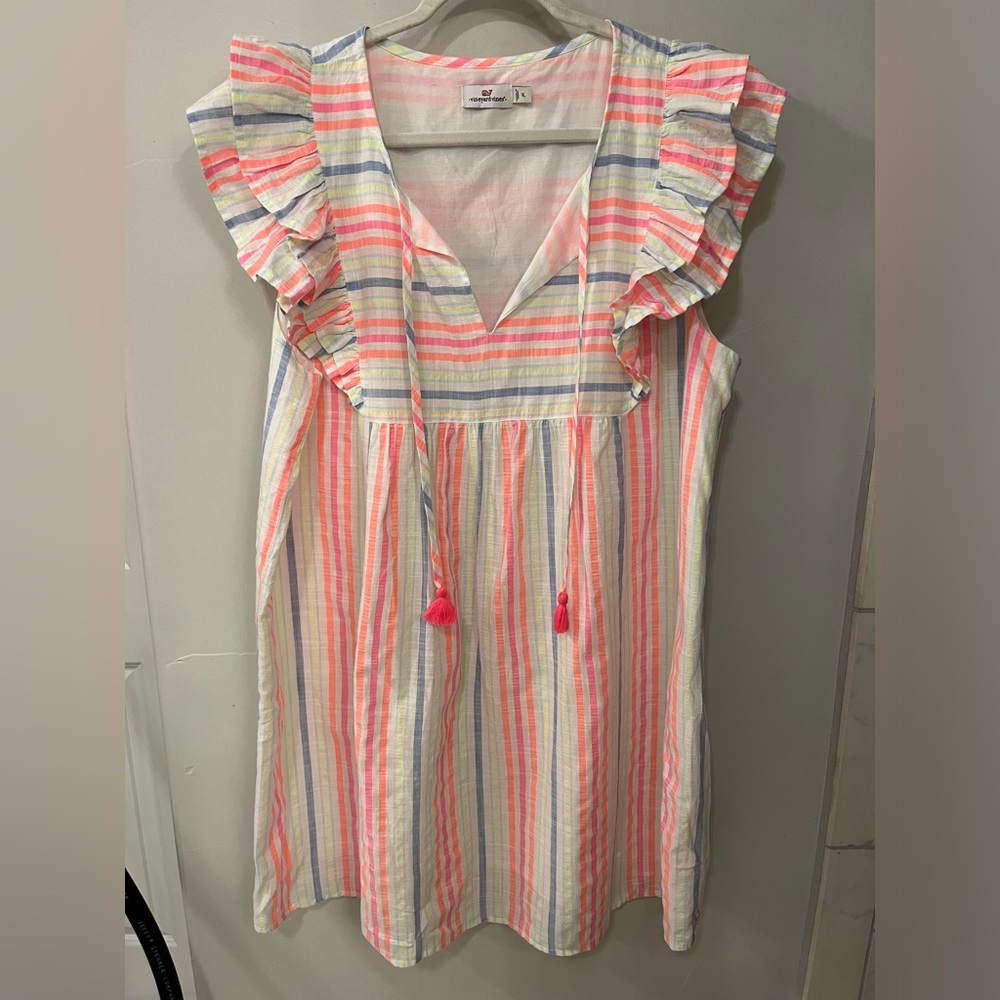 Vineyard Vines Sleeveless Ruffle Mini Dress in Coral, Blue, Yellow Stripes